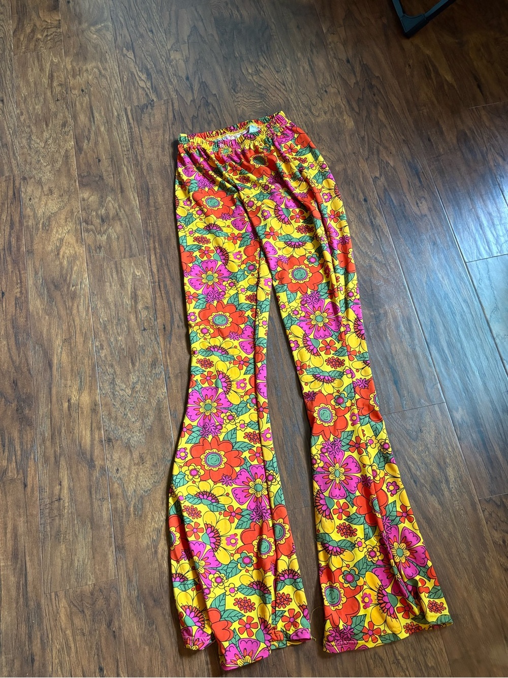 Retro Floral Bell Bottom Pants in Bright Yellow & Pink